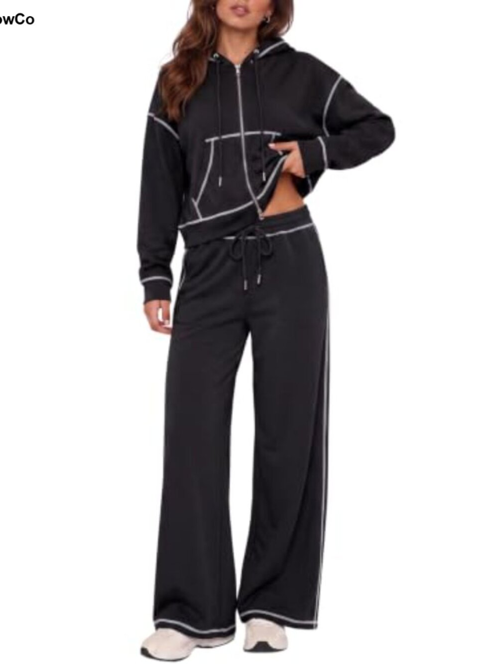 2 Piece Zip Up Hooded Sweatshirt & Wide Leg Pants Set